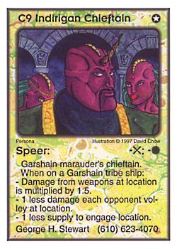 Need: 0    Want: 11    Have: 2    Will Trade: 0    In Storage: 0              C9 ‑ Indirigan Chieftain ‑ Speer  Set: Pro6  Rarity: Pro6    Artist: David Chow    