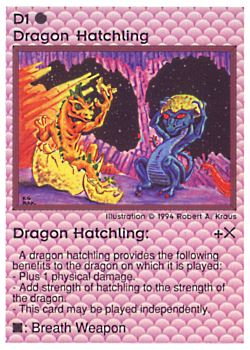 Need: 0    Want: 0    Have: 37 (+3)    Will Trade: 32    In Storage: 24              D1 ‑ Dragon Hatchling (Small Text)  Set: PE  Rarity: U1    Artist: Robert A. Kraus    