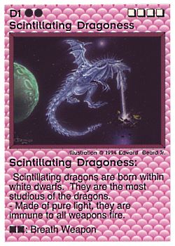 Need: 1    Want: 0    Have: 1 (+116)    Will Trade: 0    In Storage: 0              D1 ‑ Scintillating Dragoness (Large Text)  Set: PE  Rarity: U2    Artist: Edward P. Beard Jr.    