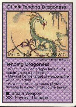 Need: 1    Want: 12    Have: 0    Will Trade: 0    In Storage: 0              D1 ‑ Tending Dragoness  Set: Pro4  Rarity: Pro4    Artist: D. Mahoney    