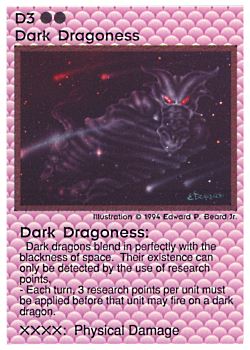 Need: 0    Want: 0    Have: 2 (+26)    Will Trade: 0    In Storage: 1              D3 ‑ Dark Dragoness (Small Text)  Set: PE  Rarity: R2    Artist: Edward P. Beard Jr.    