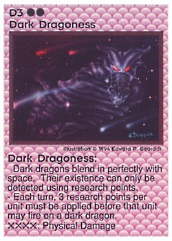 Need: 0    Want: 0    Have: 26 (+2)    Will Trade: 20    In Storage: 12              D3 ‑ Dark Dragoness (Large Text)  Set: PE  Rarity: R1    Artist: Edward P. Beard Jr.    