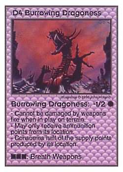 Need: 0    Want: 0    Have: 39    Will Trade: 31    In Storage: 26              D4 ‑ Burrowing Dragoness  Set: Pir  Rarity: U1    Artist: John Holland    