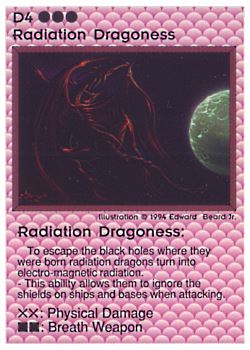 Need: 0    Want: 0    Have: 21 (+44)    Will Trade: 17    In Storage: 12              D4 ‑ Radiation Dragoness  Set: PE  Rarity: V2    Artist: Edward P. Beard Jr.    