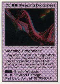 Need: 1    Want: 12    Have: 0    Will Trade: 0    In Storage: 0              D5 ‑ Sleeping Dragoness  Set: Pro3  Rarity: Pro3    Artist: Victor Yarter    