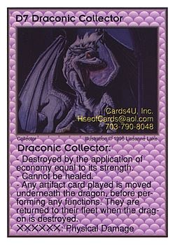 Need: 0    Want: 12    Have: 1    Will Trade: 0    In Storage: 0              D7 ‑ Draconic Collector  Set: Pro4  Rarity: Pro4    Artist: Lissanne Lake    