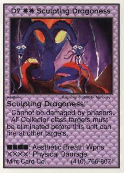 Need: 1    Want: 12    Have: 0    Will Trade: 0    In Storage: 0              D7 ‑ Sculpting Dragoness  Set: Pro4  Rarity: Pro4    Artist: D. Mahoney    