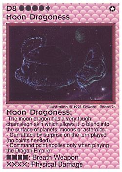 Need: 0    Want: 0    Have: 6 (+45)    Will Trade: 4    In Storage: 1              D8 ‑ Moon Dragoness  Set: PE  Rarity: V1    Artist: Edward P. Beard Jr.    