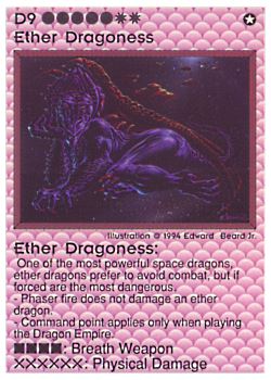 Need: 0    Want: 0    Have: 10 (+44)    Will Trade: 8    In Storage: 4              D9 ‑ Ether Dragoness  Set: PE  Rarity: V1    Artist: Edward P. Beard Jr.    