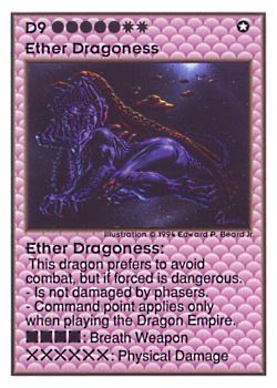 Need: 0    Want: 0    Have: 44 (+10)    Will Trade: 42    In Storage: 14              D9 ‑ Ether Dragoness  Set: UE  Rarity: V4    Artist: Edward P. Beard Jr.    