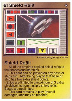 Need: 0 Want: 0 Have: 58 (+143) Will Trade: 54 In Storage: 51 E1 ‑ Shield Refit (1st Print) Set: PE Rarity: U1 Artist: Gary A. Kalin Need: 0 Want: 0 Have: 58 (+143) Will Trade: 54 In Storage: 51 E1 ‑ Shield Refit (1st Print) Set: PE Rarity: U1 Artist: Gary A. Kalin