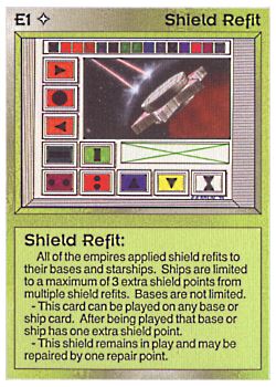 Need: 0    Want: 0    Have: 38 (+4)    Will Trade: 34    In Storage: 31              E1 ‑ Shield Refit  Set: BE  Rarity: C1    Artist: Gary A. Kalin    