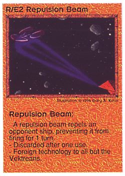 Need: 0    Want: 1    Have: 4 (+32)    Will Trade: 0    In Storage: 0              R/E2 ‑ Repulsion Beam  Set: PE  Rarity: V1    Artist: Gary A. Kalin    