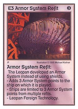 Need: 0 Want: 3 Have: 10 Will Trade: 0 In Storage: 0 E3 ‑ Armor System Refit Set: AT Rarity: R1 Artist: Michael Kelner Need: 0 Want: 3 Have: 10 Will Trade: 0 In Storage: 0 E3 ‑ Armor System Refit Set: AT Rarity: R1 Artist: Michael Kelner