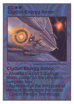 Need: 0    Want: 4    Have: 9 (+23)    Will Trade: 0    In Storage: 4              E3 ‑ Clydon Energy Armor  Set: AT  Rarity: U1    Artist: Douglas Chaffee    