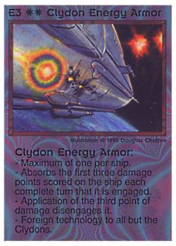 Need: 0    Want: 0    Have: 23 (+9)    Will Trade: 19    In Storage: 18              E3 ‑ Clydon Energy Armor  Set: NE  Rarity: U1    Artist: Douglas Chaffee    