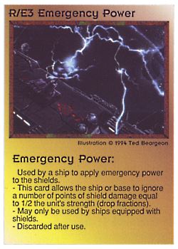Need: 0    Want: 0    Have: 39 (+96)    Will Trade: 35    In Storage: 28              R/E3 ‑ Emergency Power  Set: PE  Rarity: R1    Artist: Ted Beargeon    