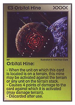 Need: 5    Want: 4    Have: 4    Will Trade: 0    In Storage: 0              E3 ‑ Orbital Mine  Set: GI  Rarity: U1    Artist: Alan Clark    