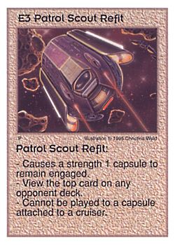 Need: 0    Want: 1    Have: 12    Will Trade: 0    In Storage: 6              E3 ‑ Patrol Scout Refit  Set: AT  Rarity: R1    Artist: Christina Wald    