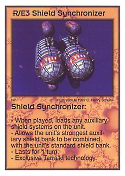 Need: 0    Want: 8    Have: 5    Will Trade: 0    In Storage: 0              R/E3 ‑ Shield Synchronizer  Set: AF  Rarity: R1    Artist: C. Henry Schulte    
