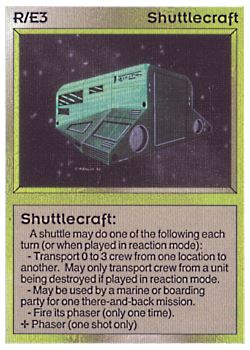Need: 0    Want: 0    Have: 38 (+3)    Will Trade: 33    In Storage: 31              R/E3 ‑ Shuttlecraft (Left)  Set: BE  Rarity: C1    Artist: Gary A. Kalin    