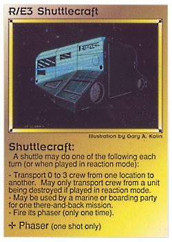Need: 0 Want: 0 Have: 39 (+37) Will Trade: 35 In Storage: 28 R/E3 ‑ Shuttlecraft (Left) Set: PE Rarity: C1 Artist: Gary A. Kalin Need: 0 Want: 0 Have: 39 (+37) Will Trade: 35 In Storage: 28 R/E3 ‑ Shuttlecraft (Left) Set: PE Rarity: C1 Artist: Gary A. Kalin
