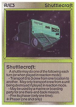 Need: 0    Want: 0    Have: 34 (+42)    Will Trade: 30    In Storage: 27              R/E3 ‑ Shuttlecraft (Right)  Set: BE  Rarity: C1    Artist: Gary A. Kalin    