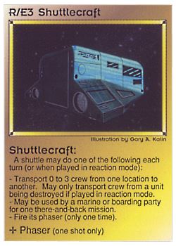 Need: 0    Want: 0    Have: 18 (+271)    Will Trade: 14    In Storage: 10              R/E3 ‑ Shuttlecraft (Right)  Set: PE  Rarity: C2    Artist: Gary A. Kalin    