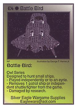 Need: 0    Want: 12    Have: 1    Will Trade: 0    In Storage: 0              E4 ‑ Battle Bird (Owl Series)  Set: Pro5  Rarity: Pro5    Artist: George T. Henne Jr.    