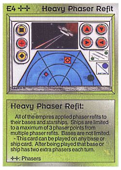 Need: 1    Want: 0    Have: 0 (+23)    Will Trade: 0    In Storage: 0              E4 ‑ Heavy Phaser Refit  Set: AL  Rarity: U1    Artist: Gary A. Kalin    