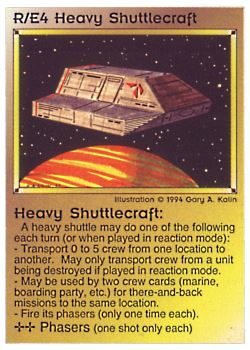 Need: 0    Want: 0    Have: 4 (+198)    Will Trade: 0    In Storage: 2              R/E4 ‑ Heavy Shuttlecraft (1st Print)  Set: PE  Rarity: U2    Artist: Gary A. Kalin    