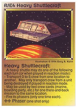 Need: 0    Want: 0    Have: 60 (+142)    Will Trade: 56    In Storage: 40              R/E4 ‑ Heavy Shuttlecraft (2nd Print)  Set: PE  Rarity: U1    Artist: Gary A. Kalin    
