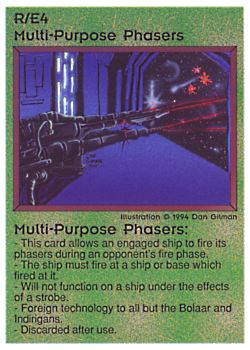 Need: 0 Want: 0 Have: 34 (+13) Will Trade: 30 In Storage: 11 R/E4 ‑ Multi‑Purpose Phasers (Bolaar / 2nd Print) Set: PE Rarity: R1 Artist: Dan Gillman Need: 0 Want: 0 Have: 34 (+13) Will Trade: 30 In Storage: 11 R/E4 ‑ Multi‑Purpose Phasers (Bolaar / 2nd Print) Set: PE Rarity: R1 Artist: Dan Gillman