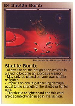 Need: 0    Want: 0    Have: 45 (+234)    Will Trade: 41    In Storage: 38              E4 ‑ Shuttle Bomb (1st Print)  Set: PE  Rarity: U1    Artist: Ralph Pecchia Jr.    