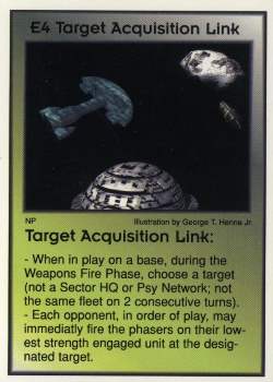 Need: 3    Want: 10    Have: 0    Will Trade: 0    In Storage: 0              E4 ‑ Target Acquisition Link (Base)  Set: GI  Rarity: V1    Artist: George T. Henne Jr.    