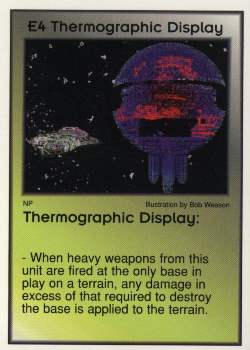 Need: 3    Want: 10    Have: 0    Will Trade: 0    In Storage: 0              E4 ‑ Thermographic Display (Only Base)  Set: GI  Rarity: V1    Artist: Bob Wesson    