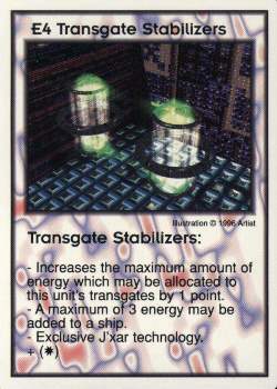 Need: 9    Want: 4    Have: 0    Will Trade: 0    In Storage: 0              E4 ‑ Transgate Stabilizers  Set: GI  Rarity: V1    Artist: Alan Clark    