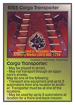 Need: 0    Want: 11    Have: 2    Will Trade: 0    In Storage: 0              R/E5 ‑ Cargo Transporter  Set: Pro5  Rarity: Pro5    Artist: Randy 'Tarkas' Hoar    