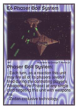 Need: 2    Want: 3    Have: 2    Will Trade: 0    In Storage: 0              E6 ‑ Phaser Bolt System  Set: GI  Rarity: V2    Artist: George T. Henne Jr.    