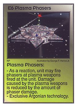 Need: 0    Want: 0    Have: 9    Will Trade: 3    In Storage: 1              E6 ‑ Plasma Phasers  Set: Per  Rarity: U1    Artist: George T. Henne Jr.    