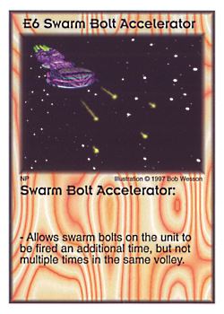 Need: 0    Want: 0    Have: 8    Will Trade: 2    In Storage: 0              E6 ‑ Swarm Bolt Accelerator  Set: AF  Rarity: R1    Artist: Bob Wesson    