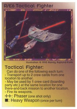 Need: 0    Want: 0    Have: 9 (+19)    Will Trade: 6    In Storage: 2              R/E6 ‑ Tactical Fighter  Set: NE  Rarity: V1    Artist: Randy Asplund‑Faith    