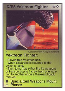 Need: 1    Want: 0    Have: 12    Will Trade: 0    In Storage: 1              R/E6 ‑ Vektrean Fighter  Set: Per  Rarity: U1    Artist: N. Taylor Blanchard    