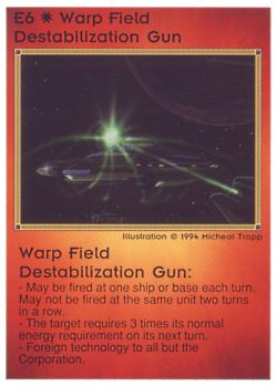 Need: 0    Want: 1    Have: 4 (+43)    Will Trade: 0    In Storage: 0              E6 ‑ Warp Field Destabilization Gun  Set: PE  Rarity: V1    Artist: Michael Trapp    
