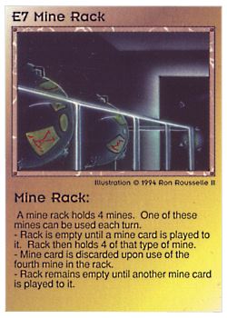 Need: 1    Want: 1    Have: 3 (+26)    Will Trade: 0    In Storage: 0              E7 ‑ Mine Rack  Set: PE  Rarity: V1    Artist: Ron Rousselle II    