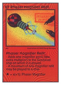 Need: 0 Want: 0 Have: 43 (+6) Will Trade: 40 In Storage: 11 E7 ‑ Phaser Magnifier Refit Set: UE Rarity: V3 Artist: Doug Savage Need: 0 Want: 0 Have: 43 (+6) Will Trade: 40 In Storage: 11 E7 ‑ Phaser Magnifier Refit Set: UE Rarity: V3 Artist: Doug Savage