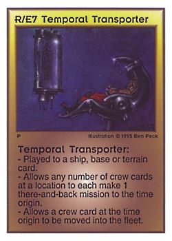 Need: 0    Want: 0    Have: 40    Will Trade: 34    In Storage: 29              R/E7 ‑ Temporal Transporter  Set: TG  Rarity: V1    Artist: Ben Peck    