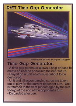 Need: 0    Want: 0    Have: 200    Will Trade: 194    In Storage: 54              R/E7 ‑ Time Gap Generator  Set: TG  Rarity: R2    Artist: Douglas Chaffee    