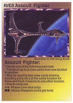 Need: 0    Want: 0    Have: 5 (+35)    Will Trade: 3    In Storage: 0              R/E8 ‑ Assault Fighter  Set: NE  Rarity: V1    Artist: Darryl Elliott    