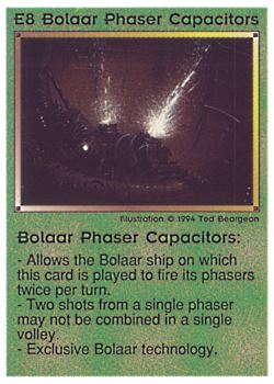 Need: 0 Want: 6 Have: 7 Will Trade: 0 In Storage: 0 E8 ‑ Bolaar Phaser Capacitors Set: PE Rarity: V1 Artist: Ted Beargeon Need: 0 Want: 6 Have: 7 Will Trade: 0 In Storage: 0 E8 ‑ Bolaar Phaser Capacitors Set: PE Rarity: V1 Artist: Ted Beargeon
